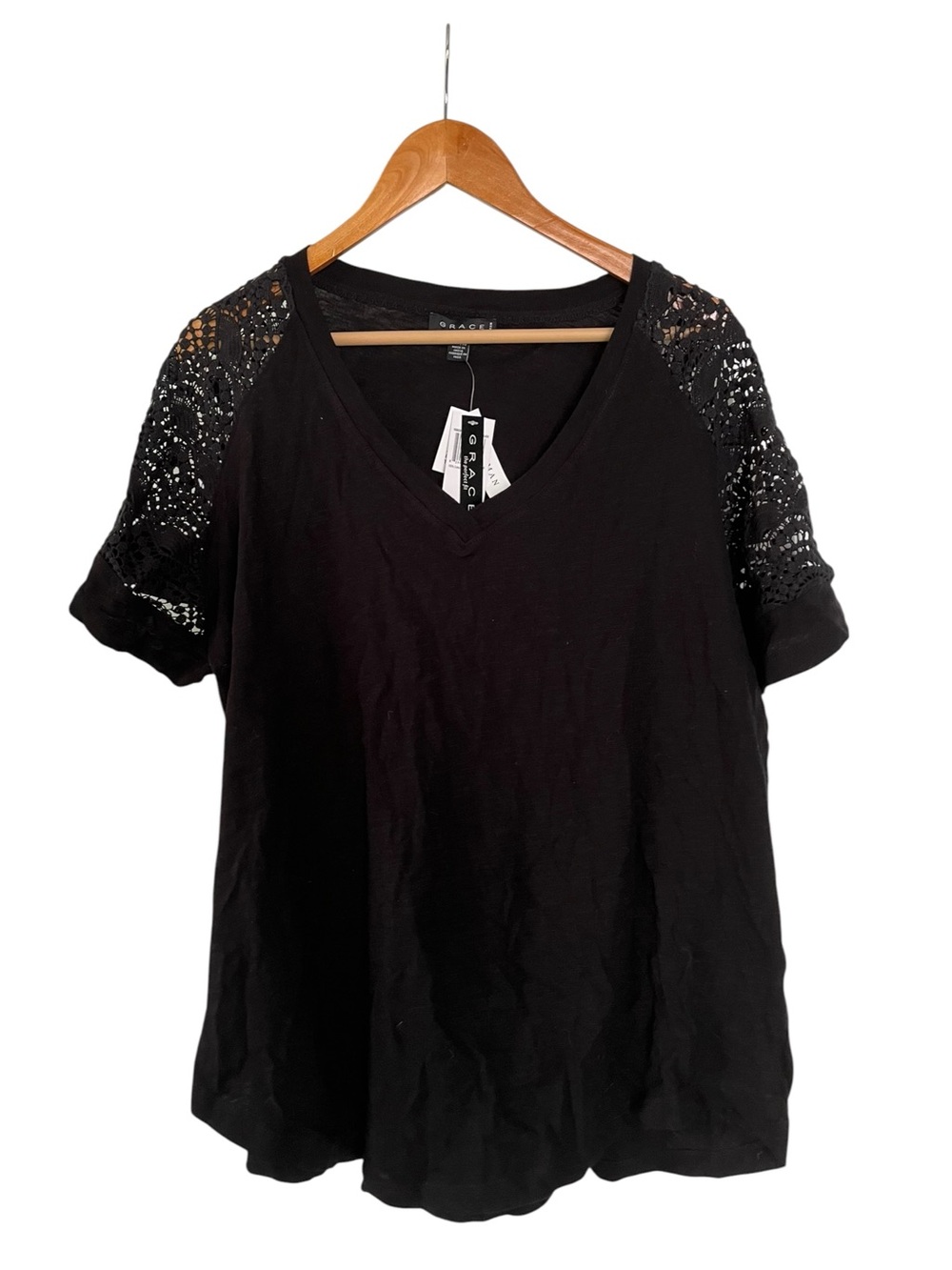 NWT Grace black top with v-neck and short lace sleeves